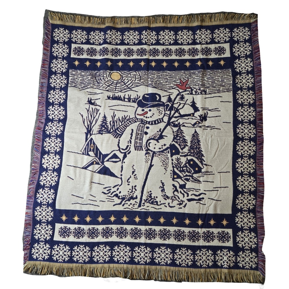 Vtg Snowman Woven Tapestry Throw Sofa Blanket Made in USA‎ Acrylic